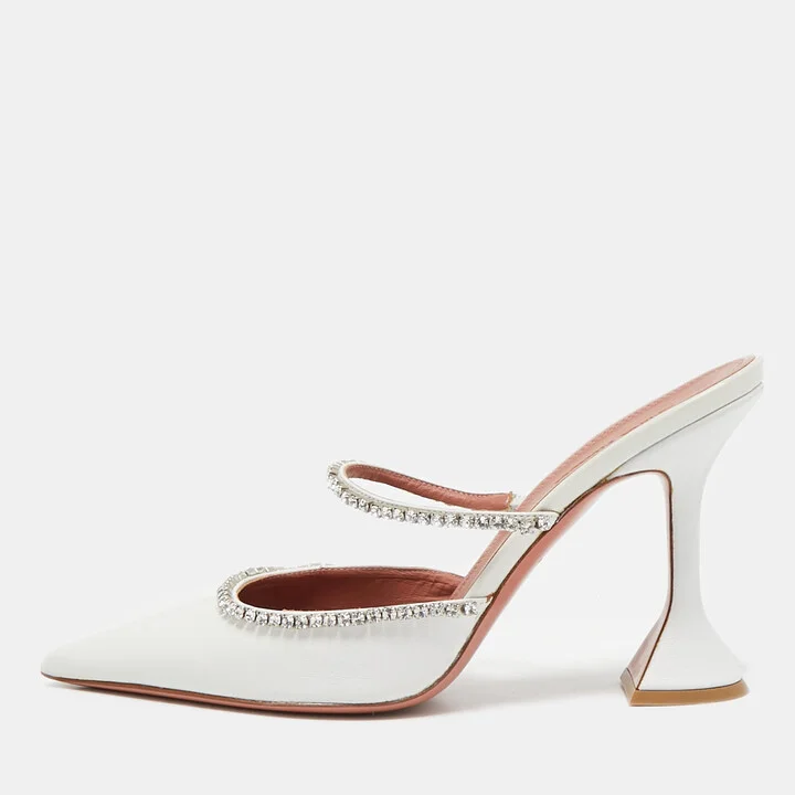Amina Muaddi White Leather Gilda Mules Size 39