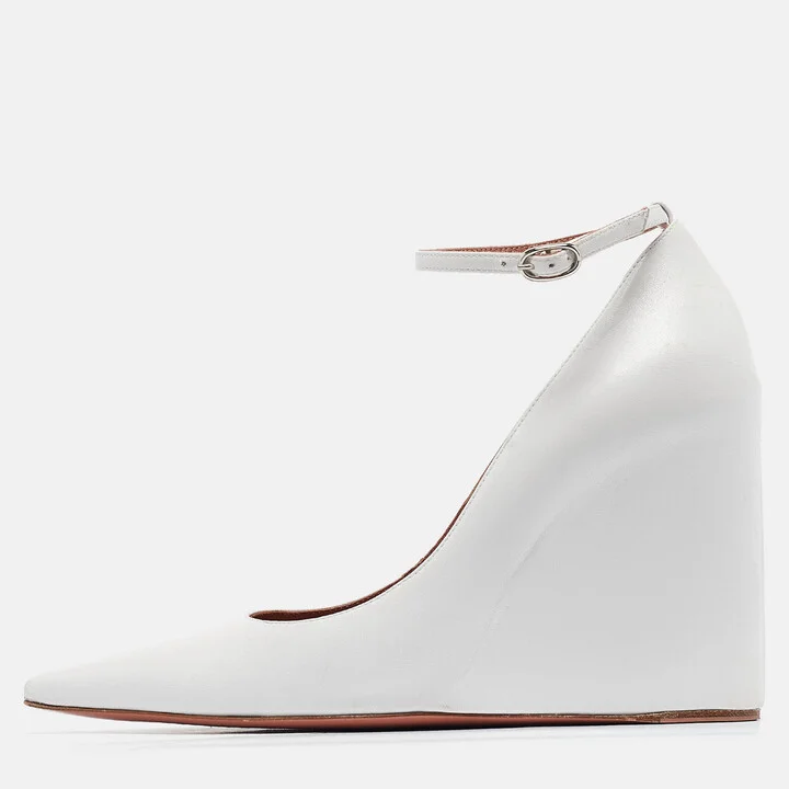 Amina Muaddi White Leather Wedge Pumps Size 37