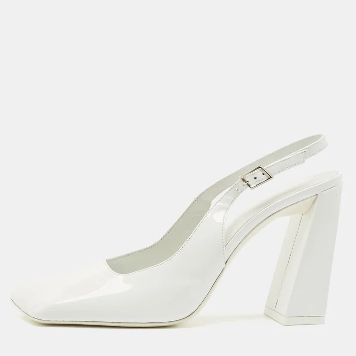 Amina Muaddi White Patent Leather Square Toe Slingback Pumps Size 38