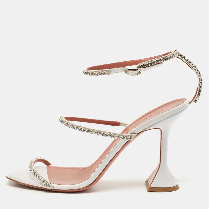 Amina Muaddi White Satin Crystal Embellished Glida Sandals Size 40.5
