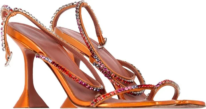 AMINA MUADDI Women's Leather Gilda Embellished Ankle Strap Sandal Heel (Authentic Pre-Loved)