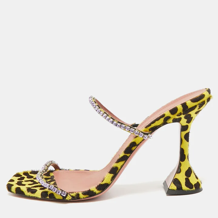 Amina Muaddi Yellow/Black Calf Hair and Leather Gilda Slide Sandals Size 39.5