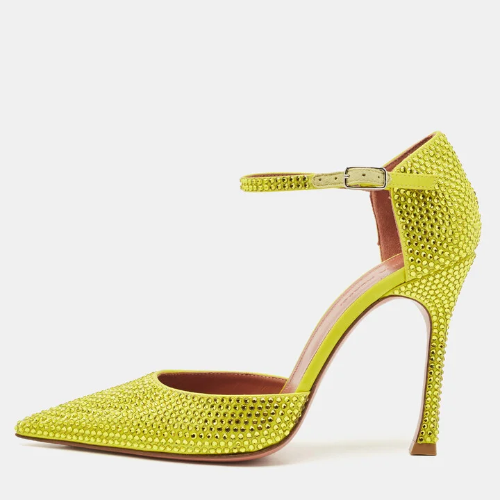 Amina Muaddi Yellow Satin Vittoria 105mm Crystal-Embellished Pumps Size 37