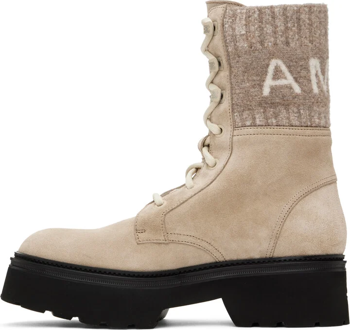 AMIRI Tan Knit Logo Collar Combat Boots - Image 3