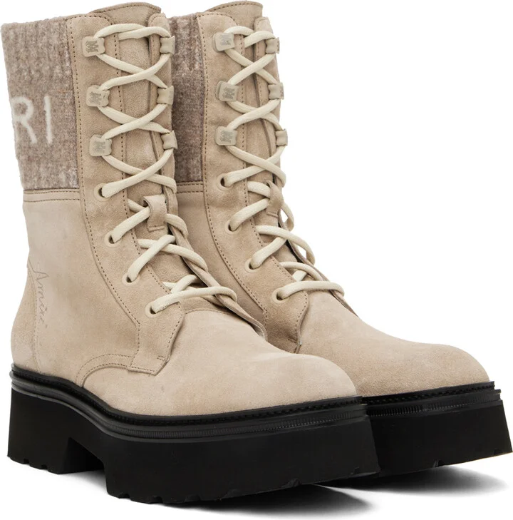 AMIRI Tan Knit Logo Collar Combat Boots - Image 4