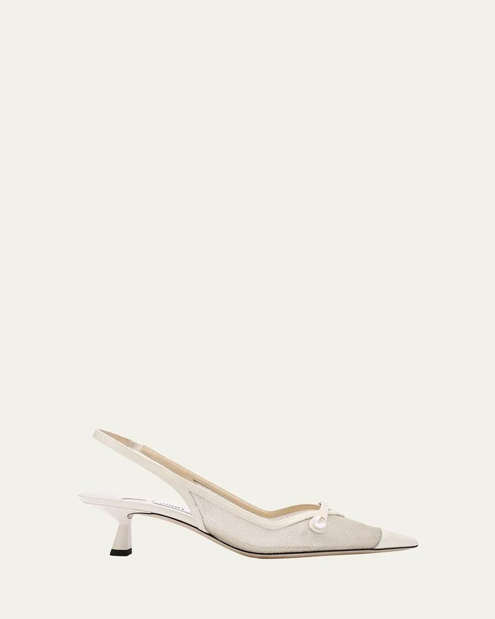 Amita Mesh Pearly-Strap Slingback Pumps