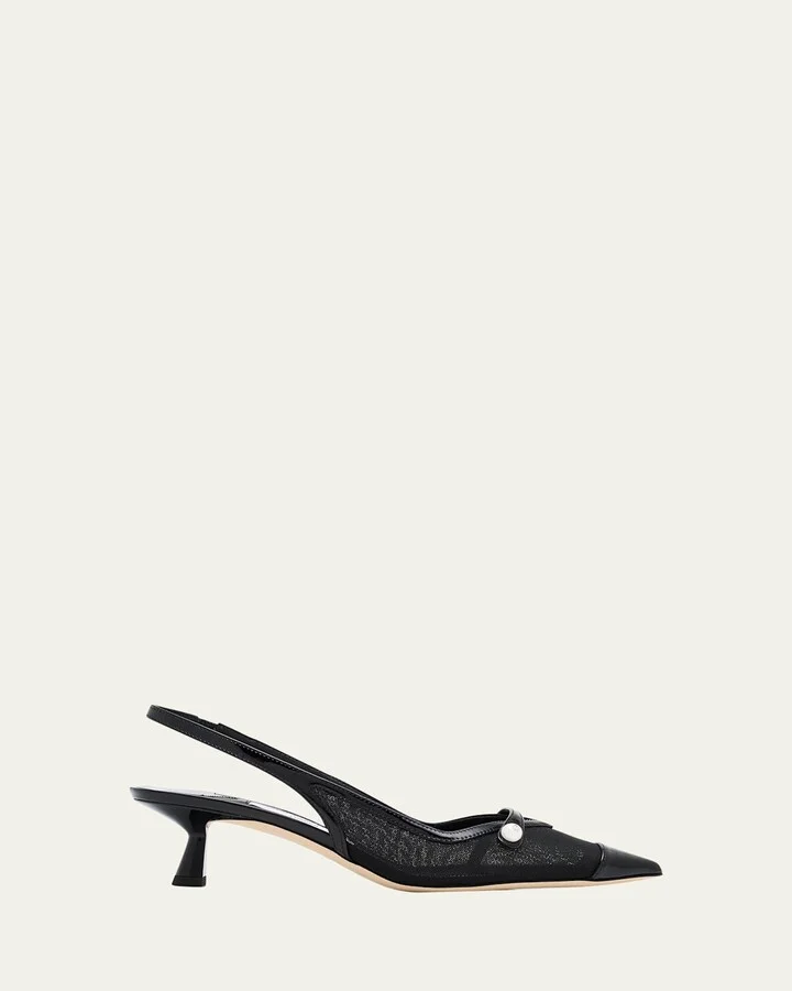 Amita Mesh Pearly-Strap Slingback Pumps