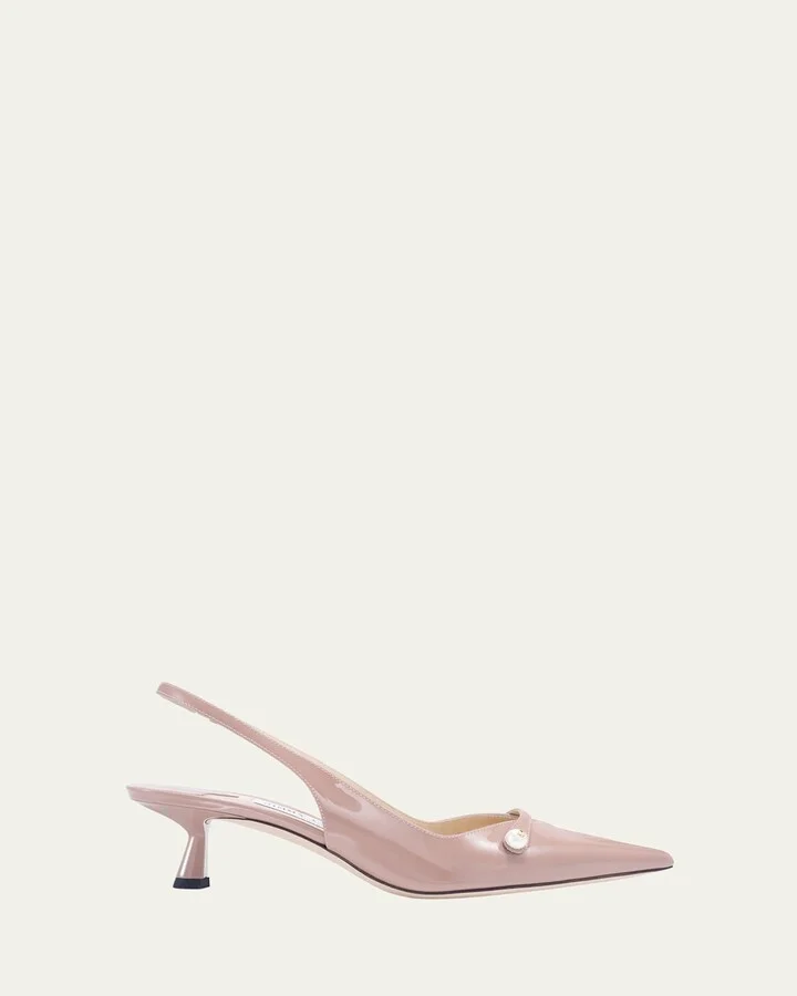 Amita Patent Pearly-Strap Slingback Pumps