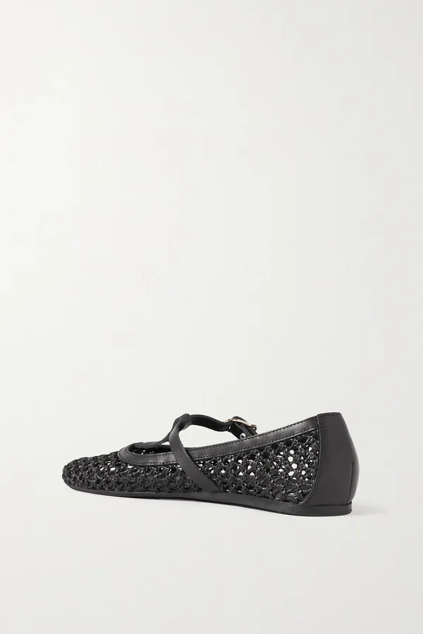 Ancient Greek Sandals - Aerati Leather-trimmed Woven Raffia Ballet Flats - Black - Image 3