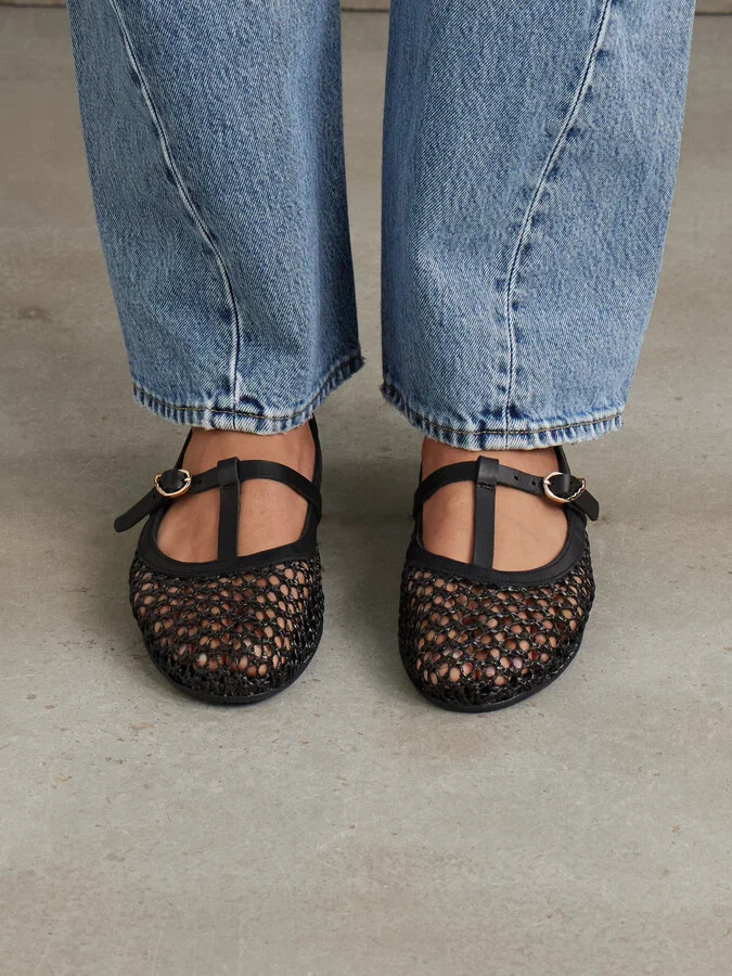 Ancient Greek Sandals - Aerati Leather-trimmed Woven Raffia Ballet Flats - Black - Image 2