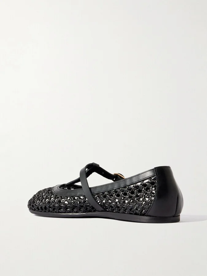 Ancient Greek Sandals - Aerati Leather-trimmed Woven Raffia Ballet Flats - Black - Image 3