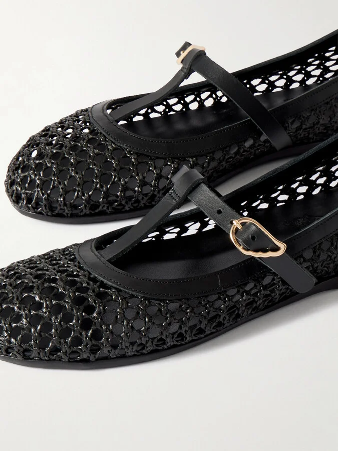Ancient Greek Sandals - Aerati Leather-trimmed Woven Raffia Ballet Flats - Black - Image 4