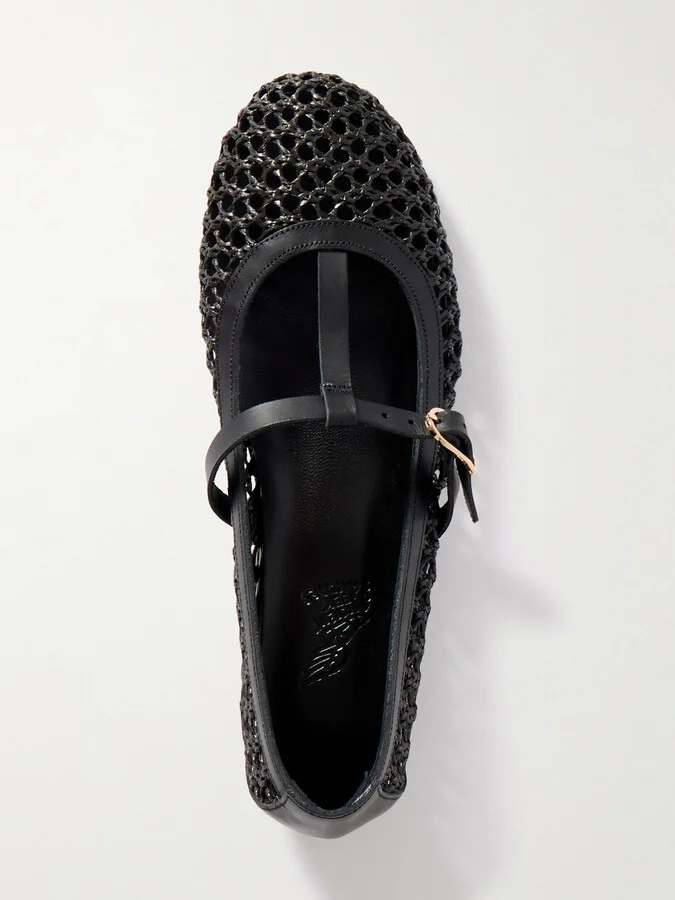 Ancient Greek Sandals - Aerati Leather-trimmed Woven Raffia Ballet Flats - Black - Image 5