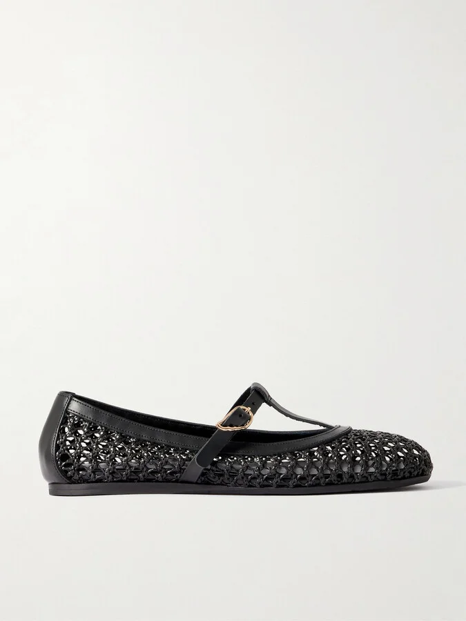 Ancient Greek Sandals - Aerati Leather-trimmed Woven Raffia Ballet Flats - Black