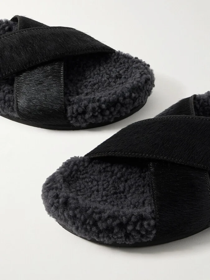 Ancient Greek Sandals - Anilio Calf Hair And Shearling Slides - Black - Image 4