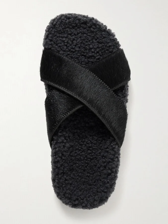 Ancient Greek Sandals - Anilio Calf Hair And Shearling Slides - Black - Image 5