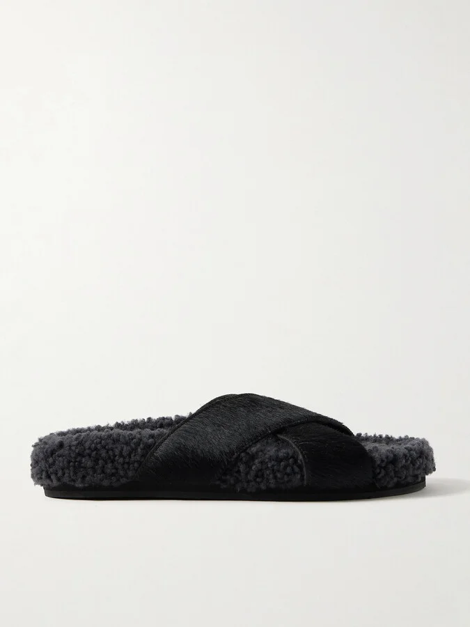 Ancient Greek Sandals - Anilio Calf Hair And Shearling Slides - Black