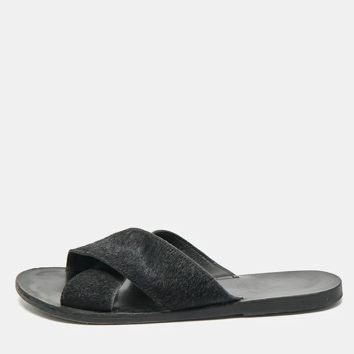 Ancient Greek Sandals Black Calf Hair Crisscross Flat Slides Size 40