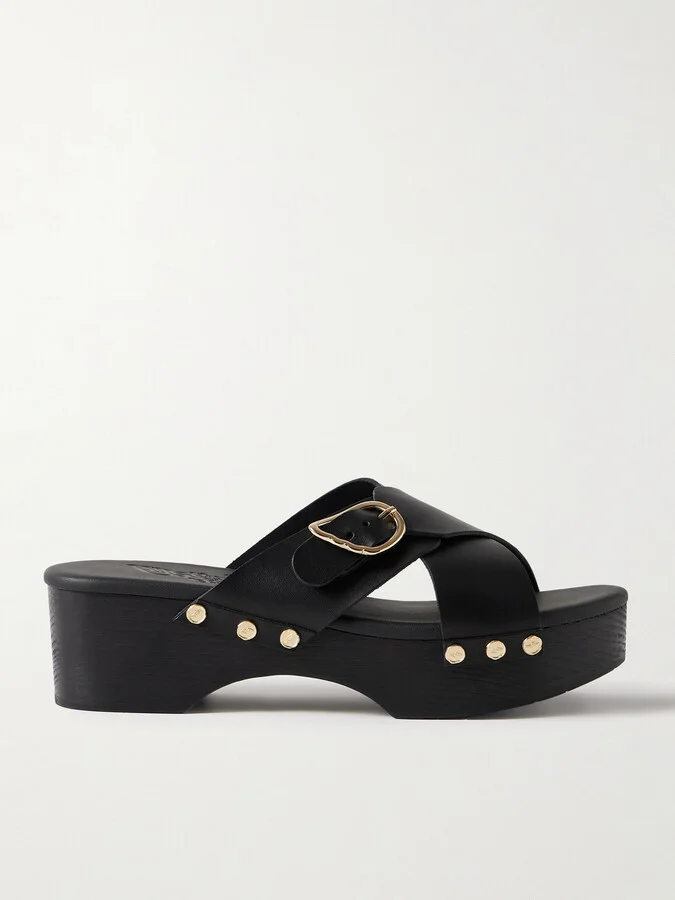 Ancient Greek Sandals - Marilisa Sabot Buckled Leather Platform Sandals - Black