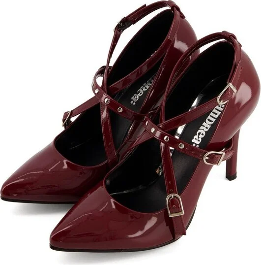 Andrea Fashion Triple Strap Stiletto Pumps 8473, Burgundy, - Image 2