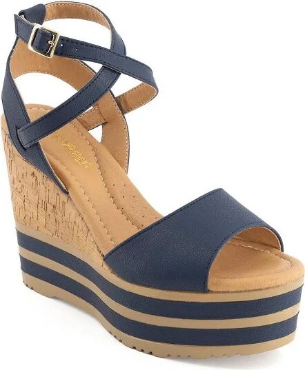 Andrea Women's Wedge Heel Ankle Strap Platform Sandals 8053 Blue - Image 2