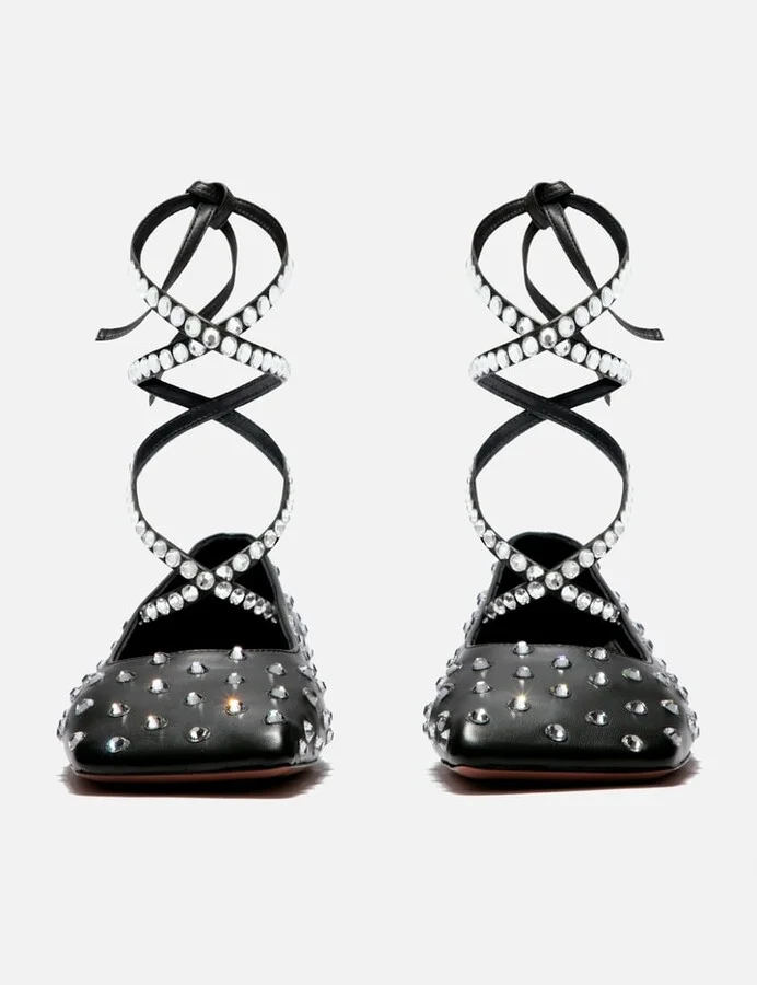 Ane Crystal Lace Up Flat Black Nappa - Image 2