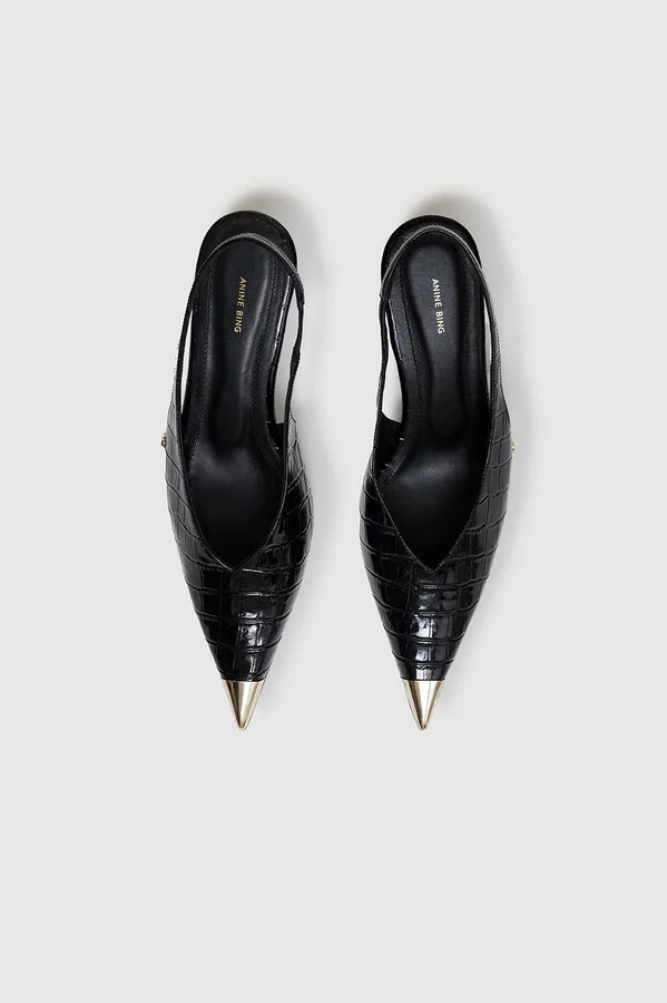 ANINE BING Nina Heels With Metal Toe Cap in Black Embossed - Image 2