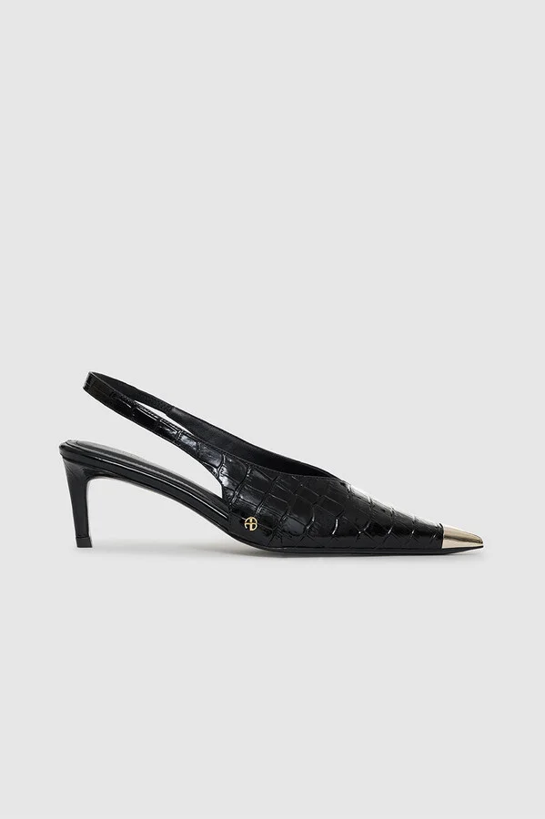 ANINE BING Nina Heels With Metal Toe Cap in Black Embossed