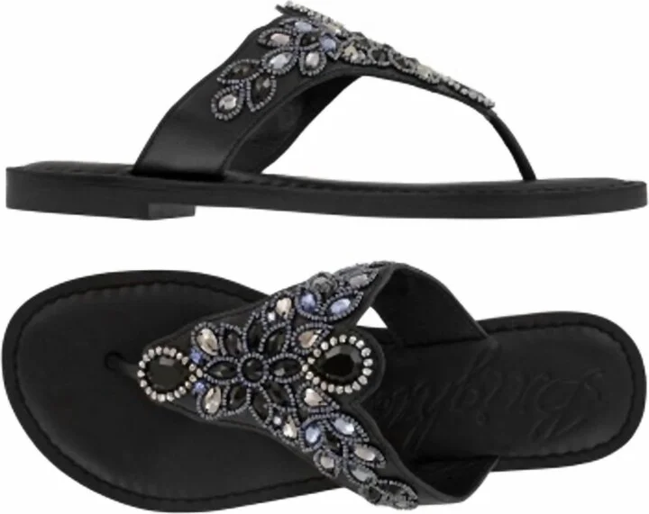 Anju Embellished Leather Flat Thong Slip On Sandal In Black