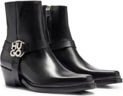 Ankle boots in leather with metallic stacked-logo trim- Black Women's Boots size 6
