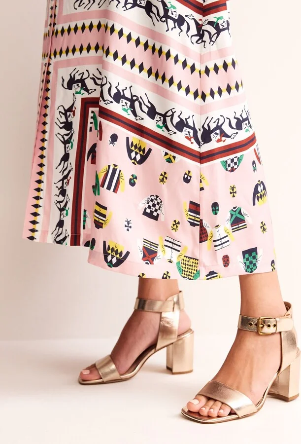 Ankle Strap Heeled Sandals, Gold Leather
