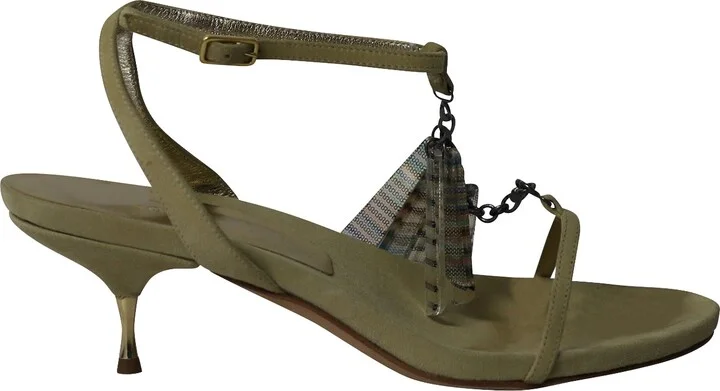 Ankle Strap Kitten Heel Sandals in Light Green Suede