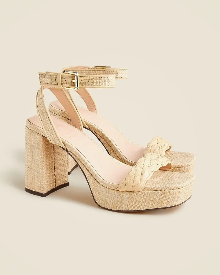 Ankle-strap platform heels in faux raffia