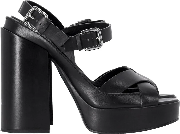 Ankle Strap Platform Sandals in Black Leather