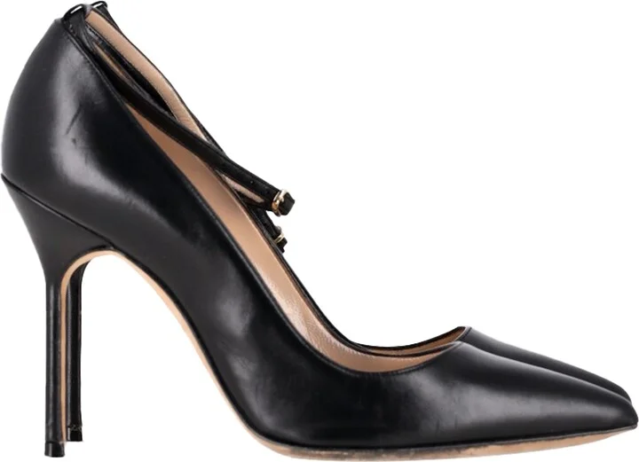 Ankle Strap Pointed Pumps in Black Leather