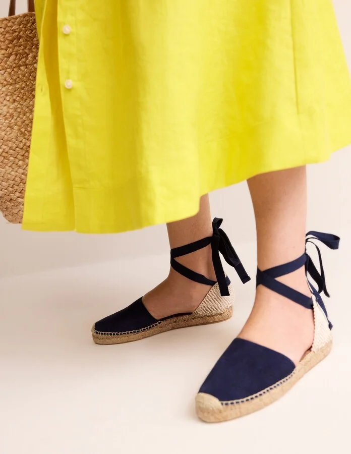 Ankle Tie Flat Espadrilles, Navy suede
