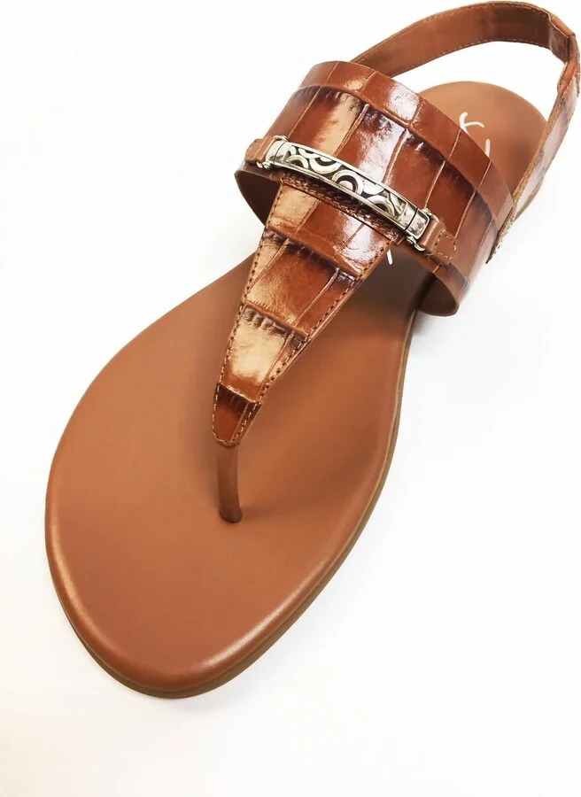 Annie Luggage Croc Flat Thong Leather Sandal In Luggage Tan