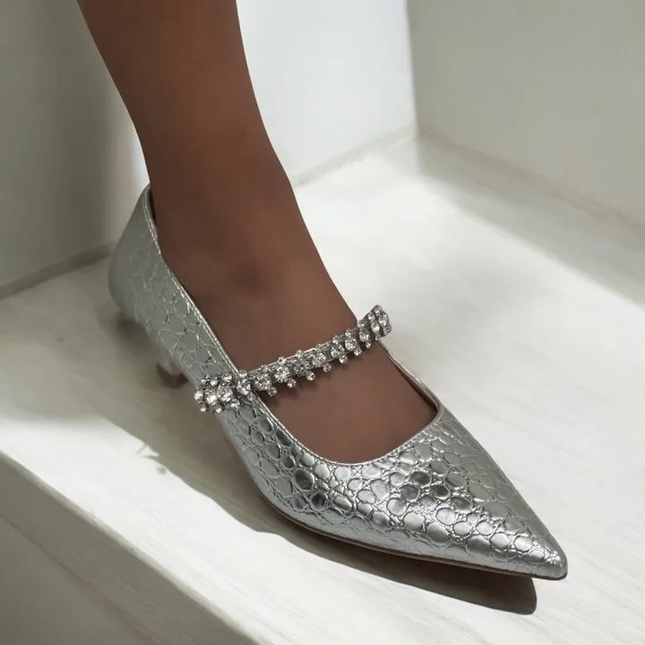Antonella Silver Evening Night Out Embossed Leather Kitten Heel Pump - Image 3