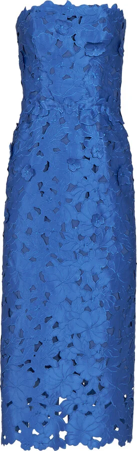 Appliqued Satin-Lace Strapless Midi Dress