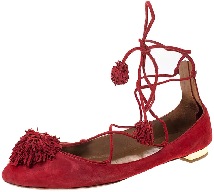 Aquaazzura Red Suede Leather Fringe Tassel Ankle Wrap Ballet Flats Size 40.5