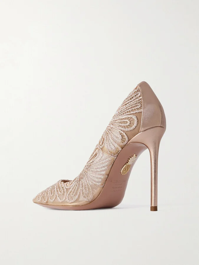 Aquazzura - 105 Metallic Leather-trimmed Chantilly Lace Pumps - Neutrals - Image 3