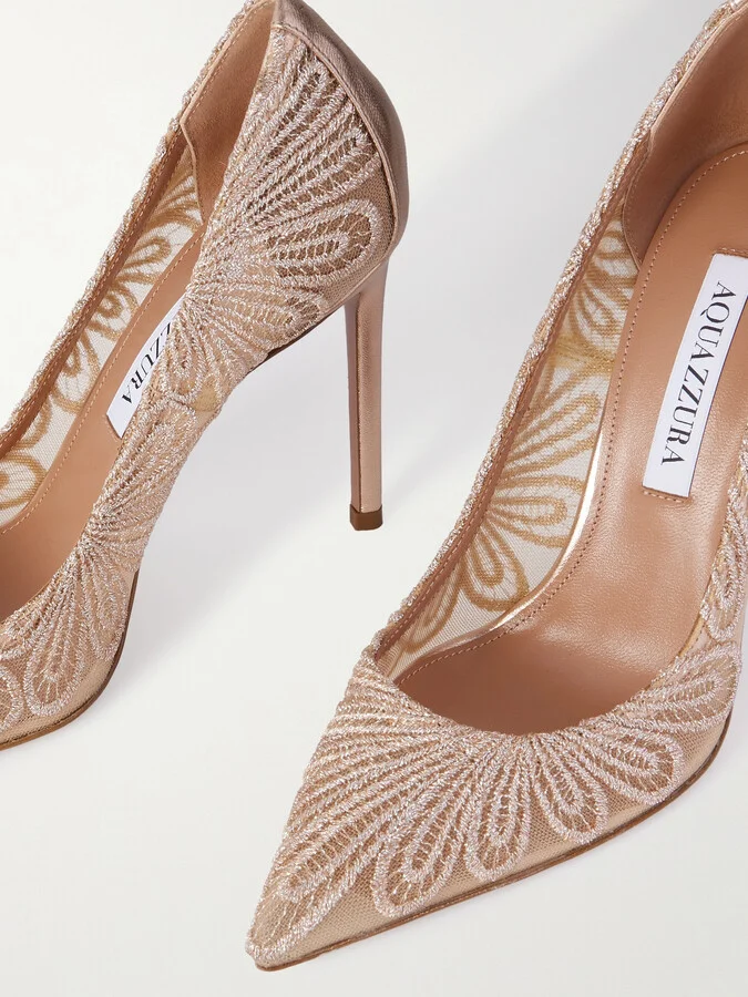 Aquazzura - 105 Metallic Leather-trimmed Chantilly Lace Pumps - Neutrals - Image 4