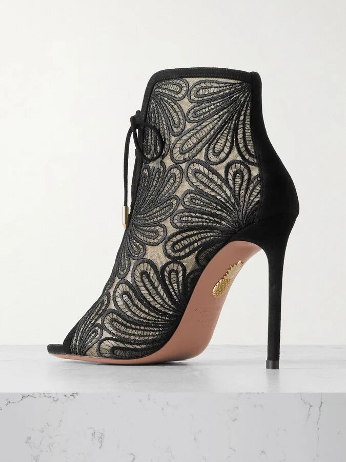 Aquazzura - 105 Suede-trimmed Chantilly Lace Ankle Boots - Black - Image 3