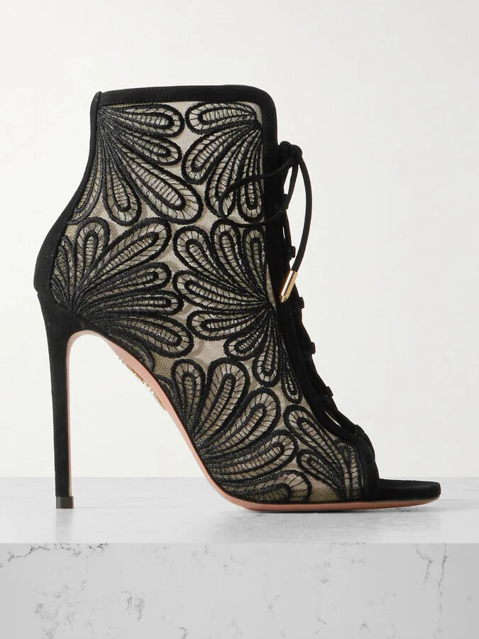 Aquazzura - 105 Suede-trimmed Chantilly Lace Ankle Boots - Black
