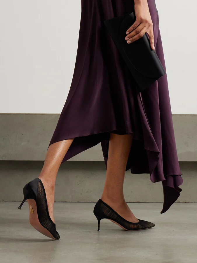Aquazzura - 65 Satin-trimmed Ruched Tulle Point-toe Pumps - Black - Image 2