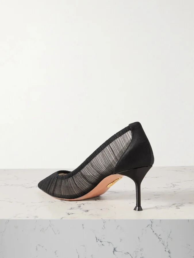 Aquazzura - 65 Satin-trimmed Ruched Tulle Point-toe Pumps - Black - Image 3