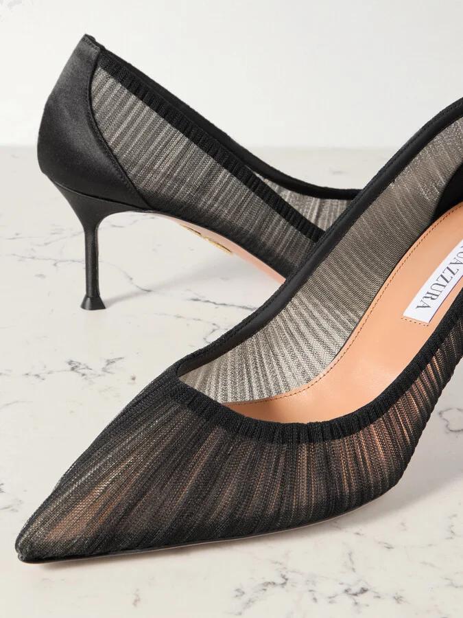 Aquazzura - 65 Satin-trimmed Ruched Tulle Point-toe Pumps - Black - Image 4