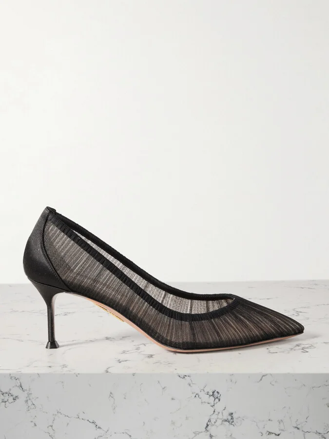 Aquazzura - 65 Satin-trimmed Ruched Tulle Point-toe Pumps - Black