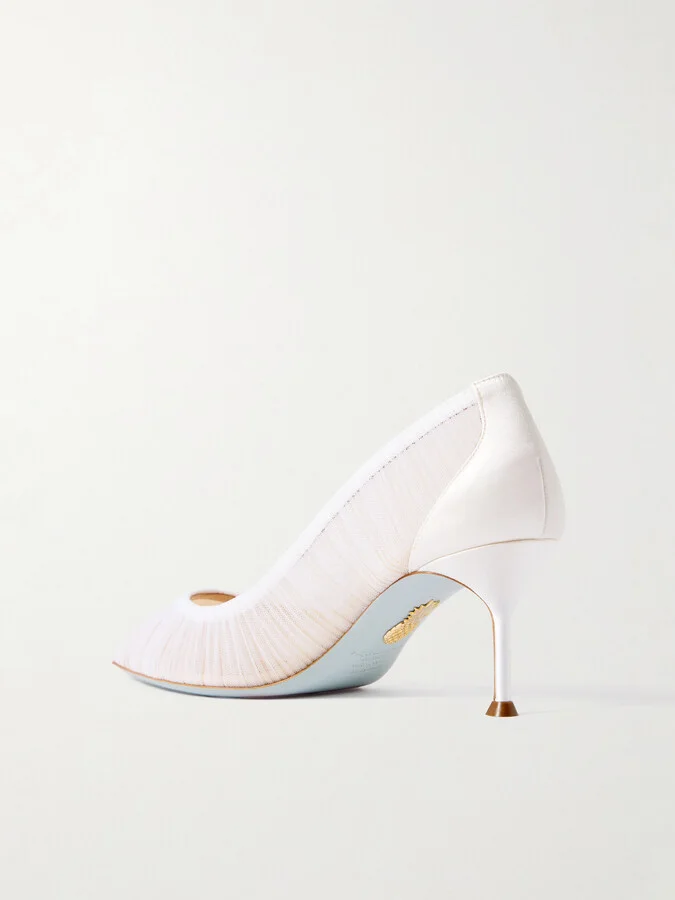 Aquazzura - 65 Satin-trimmed Ruched Tulle Point-toe Pumps - White - Image 3