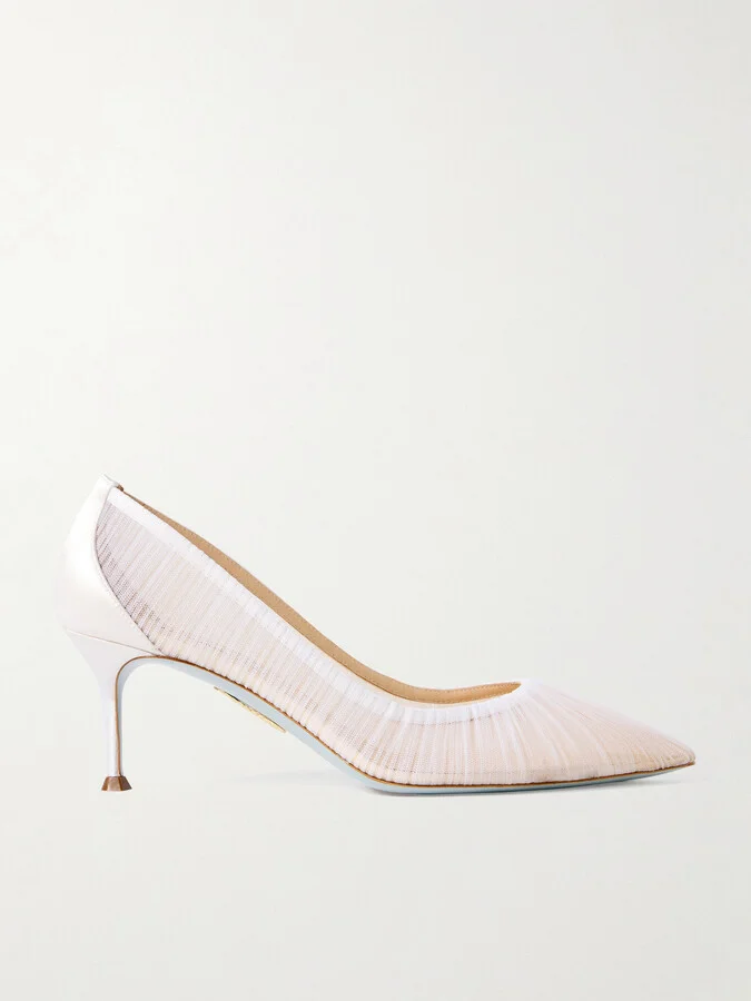 Aquazzura - 65 Satin-trimmed Ruched Tulle Point-toe Pumps - White